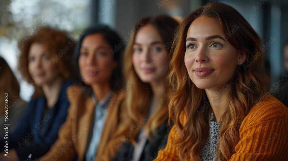 A diverse group of businesswomen with smiling faces in a collaborative meeting environment.