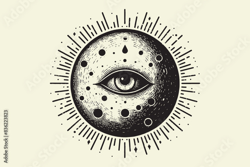 Moon planet with an eye. All-seeing eye. Isoteric vector illustration. vintage black engraving, emblem, logo