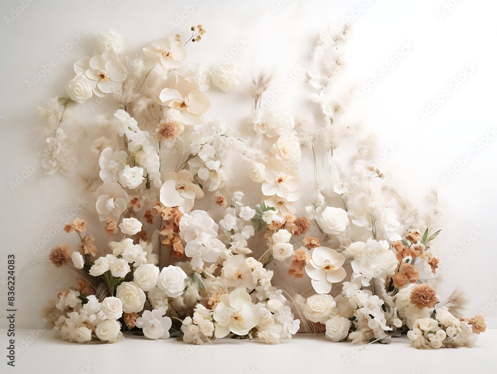 A white wall with flowers and plants background A white wall with flowers and plants background