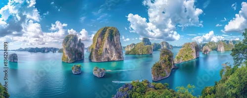 panoramic view of tropical island with rock spires and lagoon