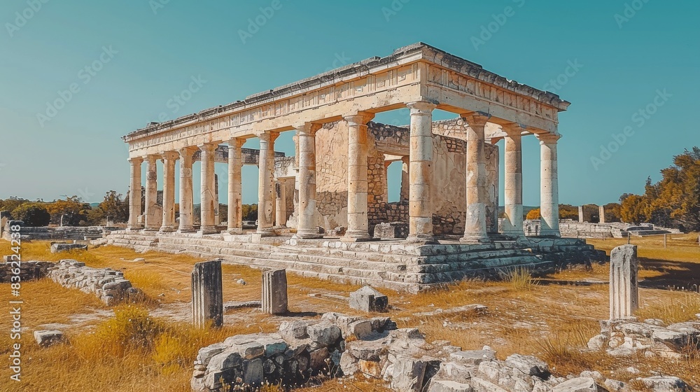 Fototapeta premium Ancient Mayan ruins at Chichen Itza with columns and steps, clear blue sky in Yucatan, Mexico.