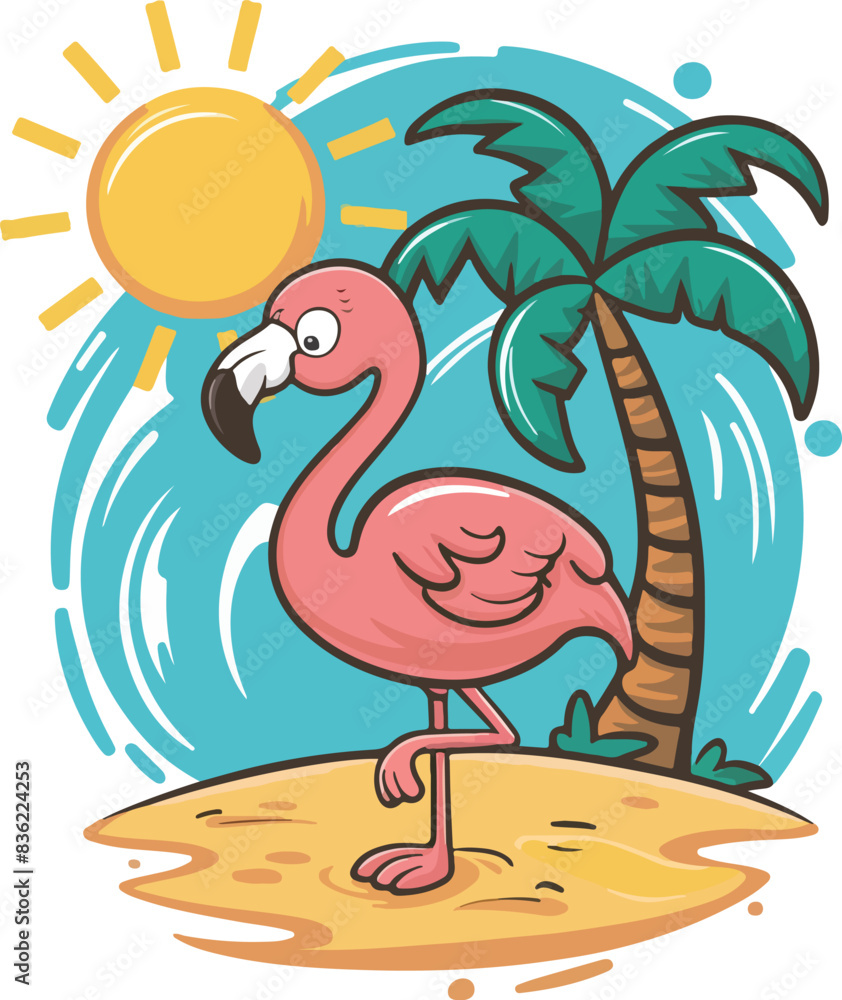 Obraz premium Flamingo Vector Illustration, Pink Bird, flamingo with palm