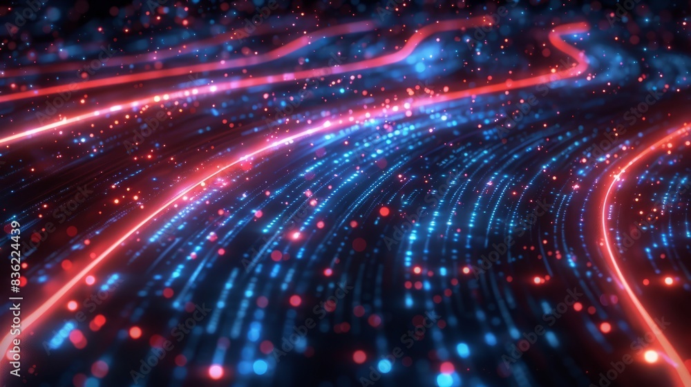 Naklejka premium Glossy Black Surfaces with Glowing Red and Blue Neon Lines: High-Speed Data Network and Fiber Optic Internet.