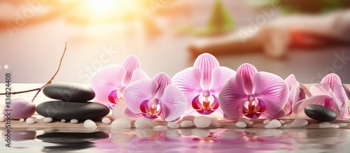 Spa salon concept featuring a pink orchid, candle, and stones on a wooden background with copy space image.