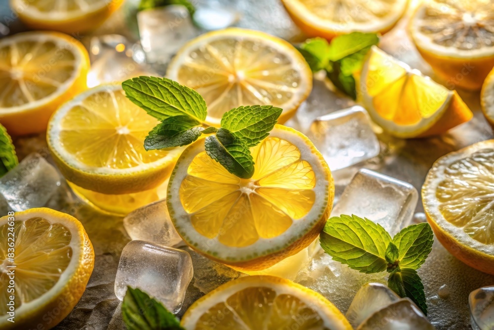 Summer Refreshment Vibrant Lemon Slices Over Ice in Warm Light Summer Refreshment Vibrant Lemon Slices Over Ice in Warm Light