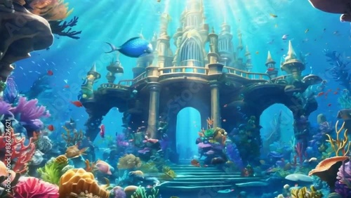 Envision a vibrant animation illustrating a mermaid kingdom beneath the waves. Mermaids swim gracefully among sea creatures like turtles and dolphins. The kingdom is filled with shimmering underwater