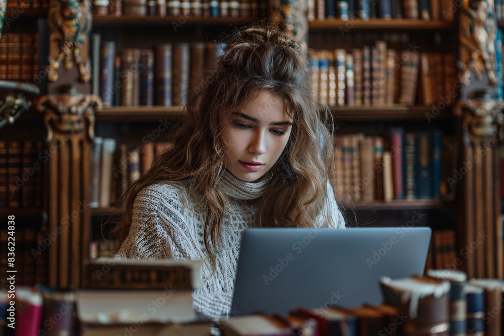 A female college student working on her laptop in a library, master thesis, bachelor thesis, doctoral thesis concept A female college student working on her laptop in a library, master thesis, bachelor thesis, doctoral thesis concept