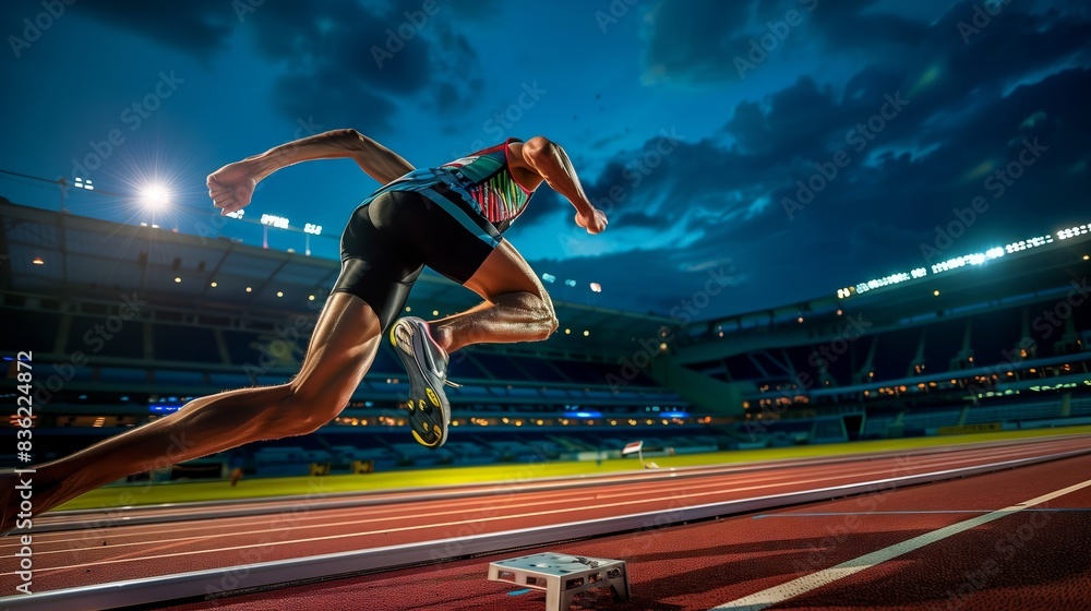 A sprinter bursts from the blocks, feet off the ground, stadium lights highlighting their determination.