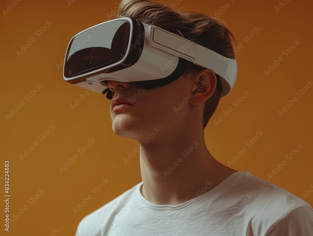 Side view close-up of a young Caucasian man wearing a white shirt and virtual reality headset against an orange background. Side view close-up of a young Caucasian man wearing a white shirt and virtual reality headset against an orange background.
