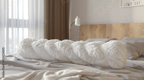 A 3D render of a soft, fluffy body pillow on a bed photo