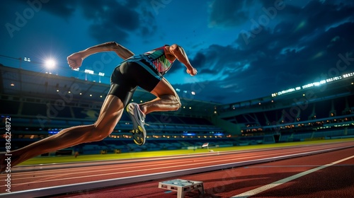 Obraz na płótnie A sprinter bursts from the blocks, feet off the ground, stadium lights highlighting their determination. w salonie