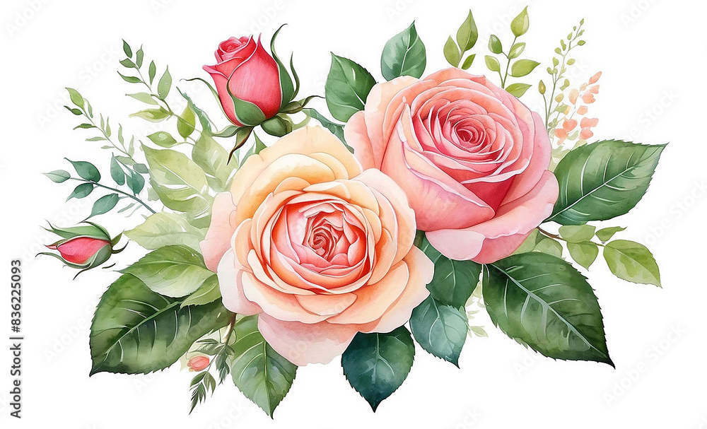 AI generated watercolor bouquet. watercolor flowers and leaves illustration for wedding, greetings, stationary, wallpapers, fashion, background. rose, blossom, olive, green leaves, Eucalyptus