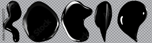 Black cream element mockup set .  Swatches of carbon skincare cosmetics isolated on transparent background.Cosmetic cream smears. realistic face lotion creams in strokes .Vector illustration EPS10.