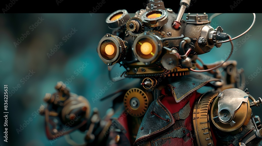 A 3D render of a steampunk action figure with gears and gadgets