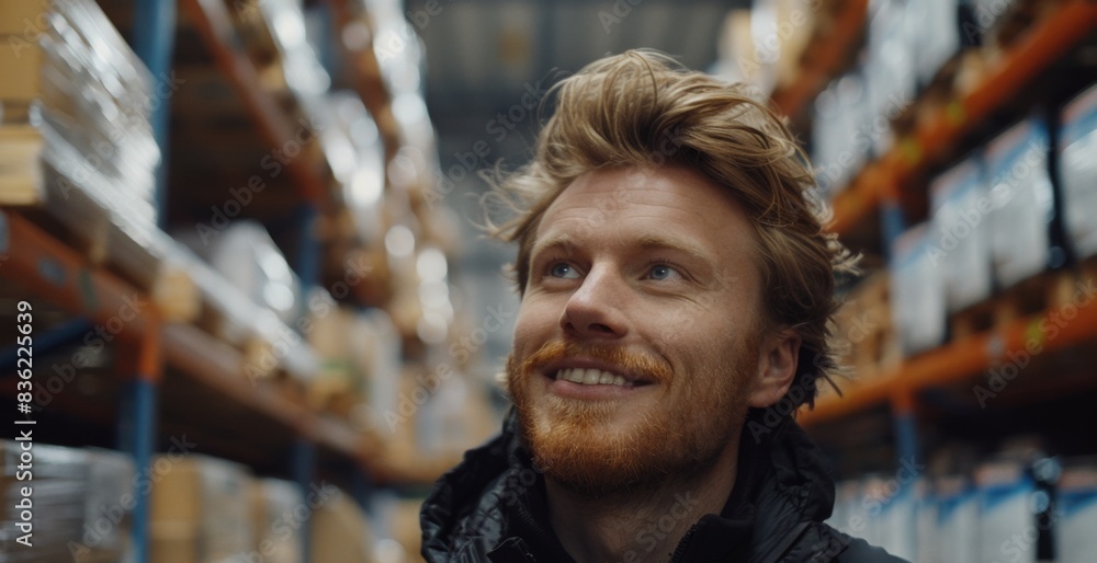 A smiling businessman daydreaming in a warehouse, with shelves of goods in the background. A smiling businessman daydreaming in a warehouse, with shelves of goods in the background.