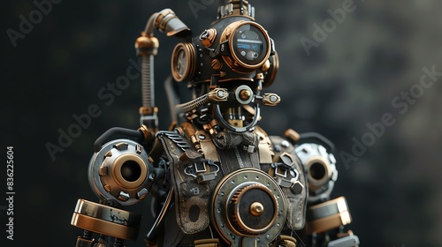 A 3D render of a steampunk action figure with gears and gadgets © Moviebirth
