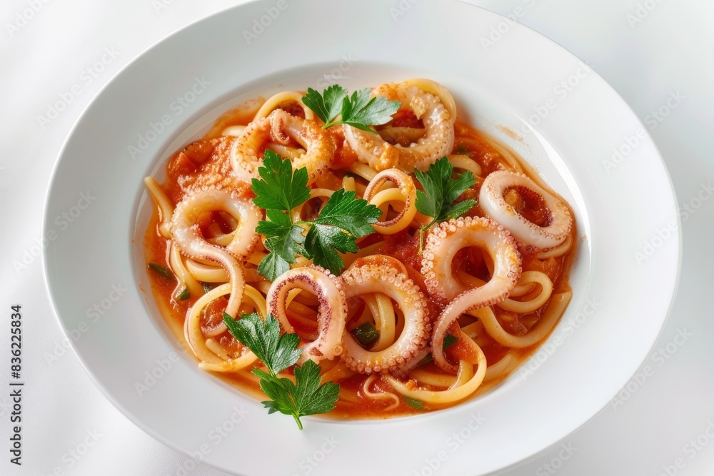 Gourmet Calamari on Linguini Pasta with White Wine Tomato Sauce Gourmet Calamari on Linguini Pasta with White Wine Tomato Sauce