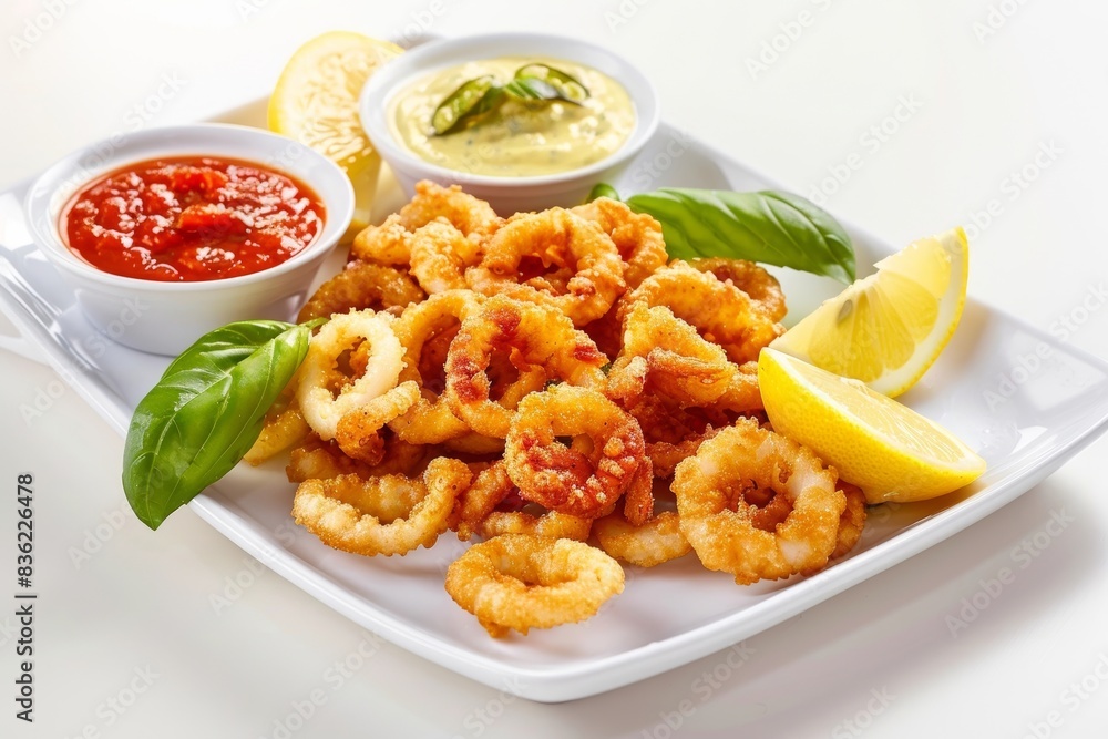 Delicious Fried Calamari with Lemon Wedges and Tomato-Basil Sauce Delicious Fried Calamari with Lemon Wedges and Tomato-Basil Sauce
