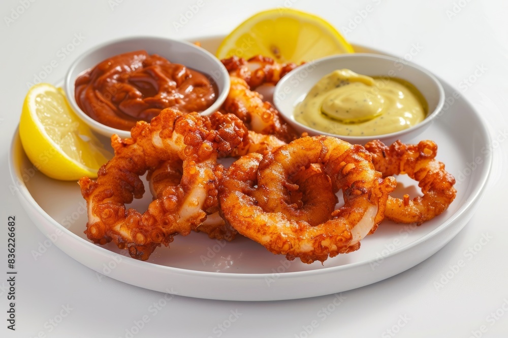 Exquisite Presentation of Fried Calamari Rings with Dipping Sauces Exquisite Presentation of Fried Calamari Rings with Dipping Sauces