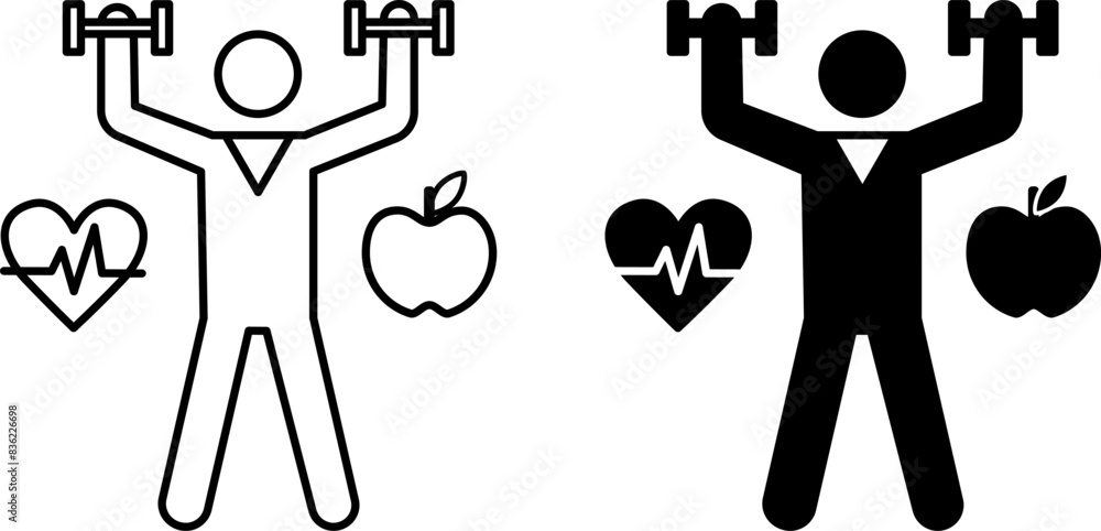 Healthy Lifestyle Icons. Black and White Vector Icons. Man with Dumbbells, Heartbeat, and Apple. Concept of Sports, Mental Health, and Healthy Eating Healthy Lifestyle Icons. Black and White Vector Icons. Man with Dumbbells, Heartbeat, and Apple. Concept of Sports, Mental Health, and Healthy Eating
