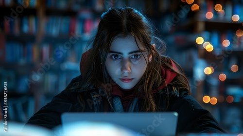 A thoughtful woman frowning while using her laptop, with a blurred bookstore background and bokeh lights.