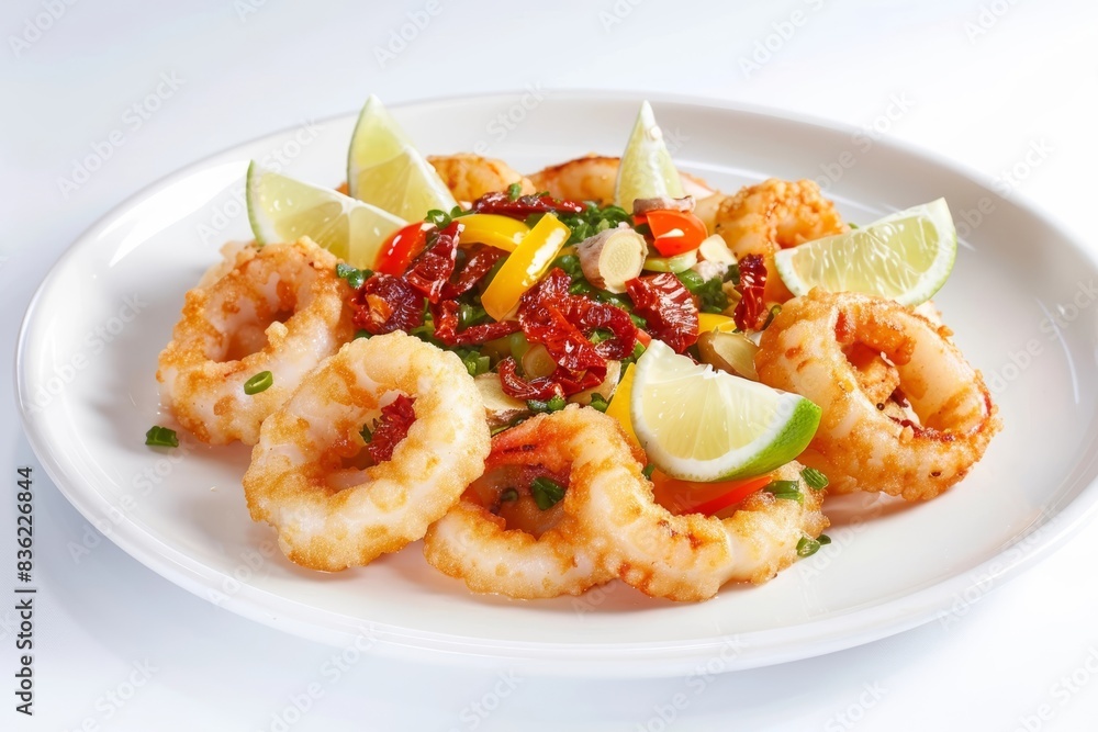 Crispy Golden Calamari with Colorful Bell Pepper and Scallion Topping Crispy Golden Calamari with Colorful Bell Pepper and Scallion Topping