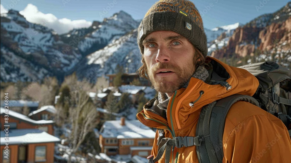 Bearded man with an intense gaze, wearing a winter hat and orange jacket against a snowy mountain backdrop Bearded man with an intense gaze, wearing a winter hat and orange jacket against a snowy mountain backdrop