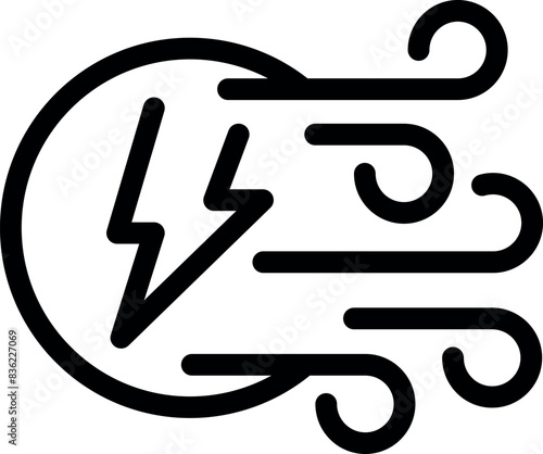 Black and white vector design of a lighting bolt and wind, depicting stormy weather icon