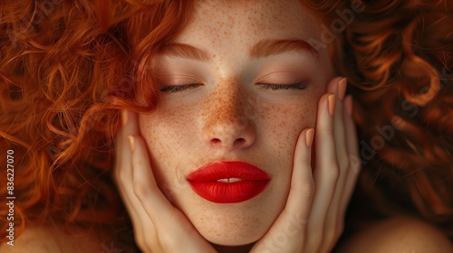 Beautiful woman with red lips and serene expression perfect for beauty and lifestyle photography