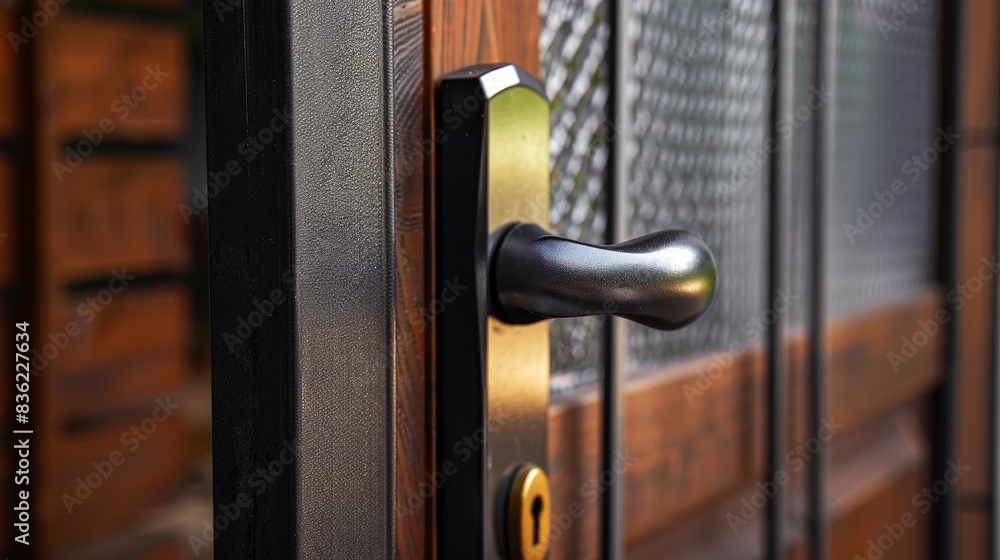modern black door handle on a wooden front door with a security mesh screen, security concept modern black door handle on a wooden front door with a security mesh screen, security concept