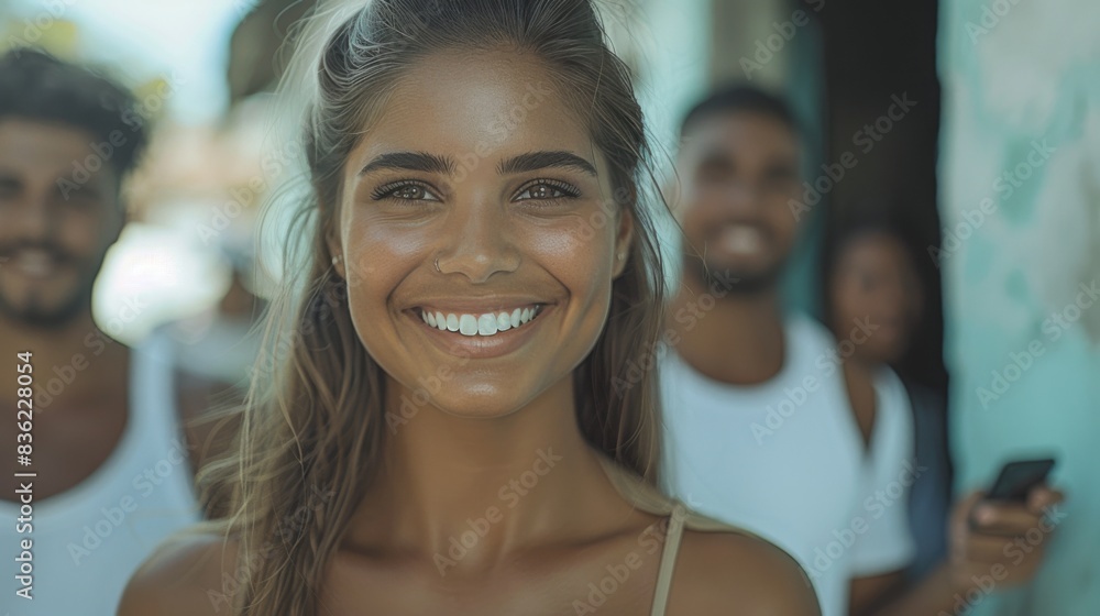A happy woman smiling at the camera with friends and a smartphone in the background. A happy woman smiling at the camera with friends and a smartphone in the background.