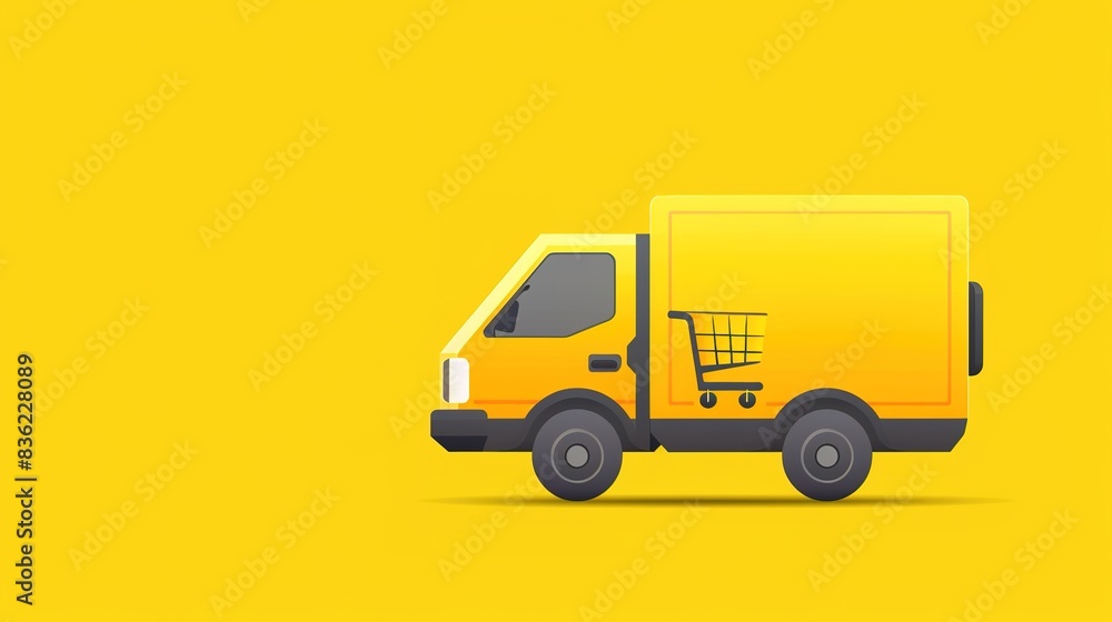 Vector of a free delivery truck with a shopping cart icon on a solid yellow background Vector of a free delivery truck with a shopping cart icon on a solid yellow background