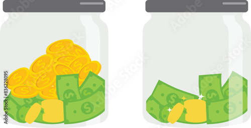 Coin bank with decreasing piles of coins. Saving inflation, financial crisis and loosing money concept.

