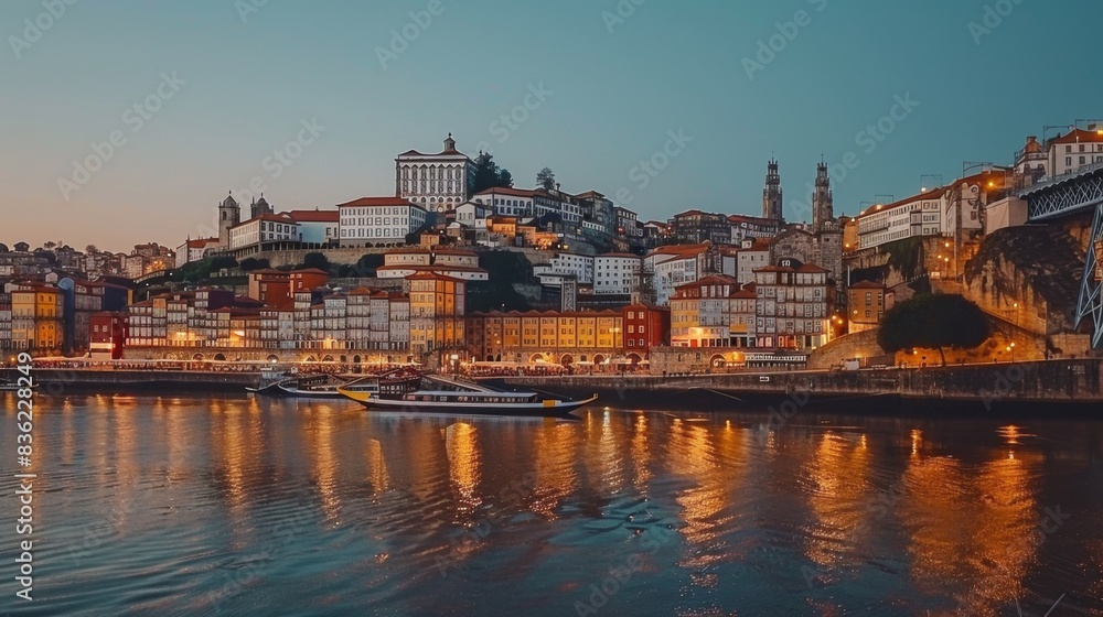 Fototapeta premium Low-angle view of Dom Luis I Bridge in Porto, Portugal, with illuminated cityscape and river at dusk.