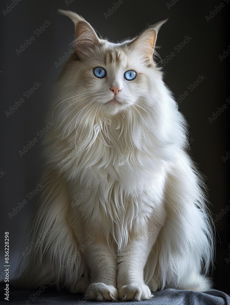 Obraz premium Cat Patronus,A huge and cute long-haired white ragdoll cat, blue eyes, Sit straight and look at the camera, The cat is very large, The hair is very long, Very rich, Three times larger than a girl, Thi