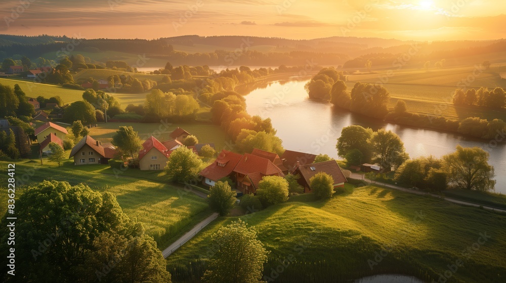 Fototapeta premium A peaceful village with rolling hills and a serene river at sunrise symbolizes pension stability and a secure future.