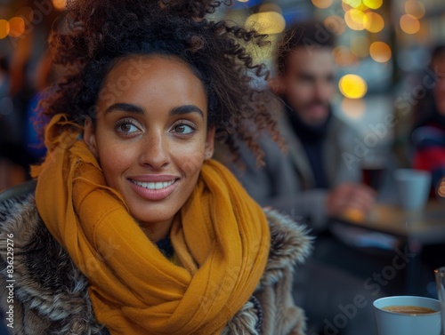 Happy woman with a vibrant smile in a cozy cafe, wearing a warm scarf, with a blurred man in the background.