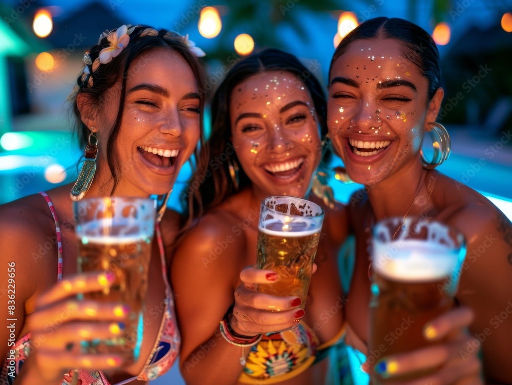 Three cheerful friends enjoy drinks at a vibrant summer festival with colorful decorations and evening lights. Three cheerful friends enjoy drinks at a vibrant summer festival with colorful decorations and evening lights.