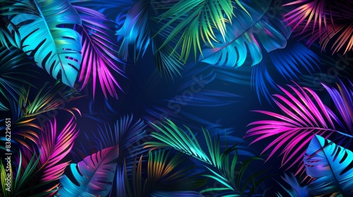 Vibrant neon tropical leaves on dark background