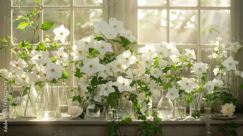 White clematis flowers arranged in various vases and glasses on a sunny windowsill, casting a warm, tranquil ambiance.