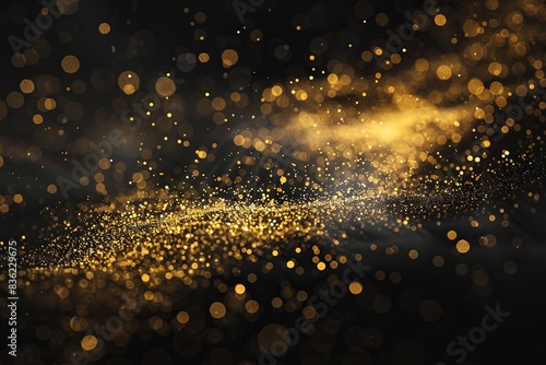 Elegant golden powder particles on a dark backdrop. Creating a luxurious atmosphere. © dekreatif