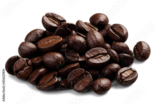 High-quality roasted coffee beans scattered, against a transparent, white background, perfect for png use
