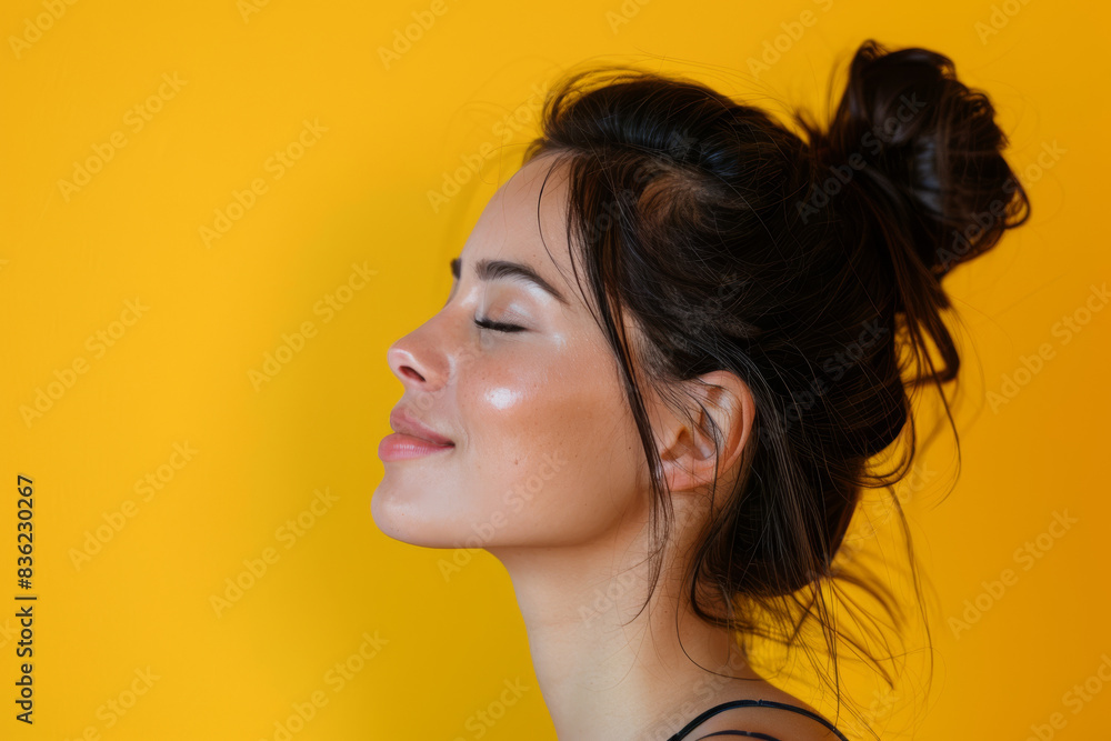 A close up of a woman's face with her eyes closed looking to a side A close up of a woman's face with her eyes closed looking to a side