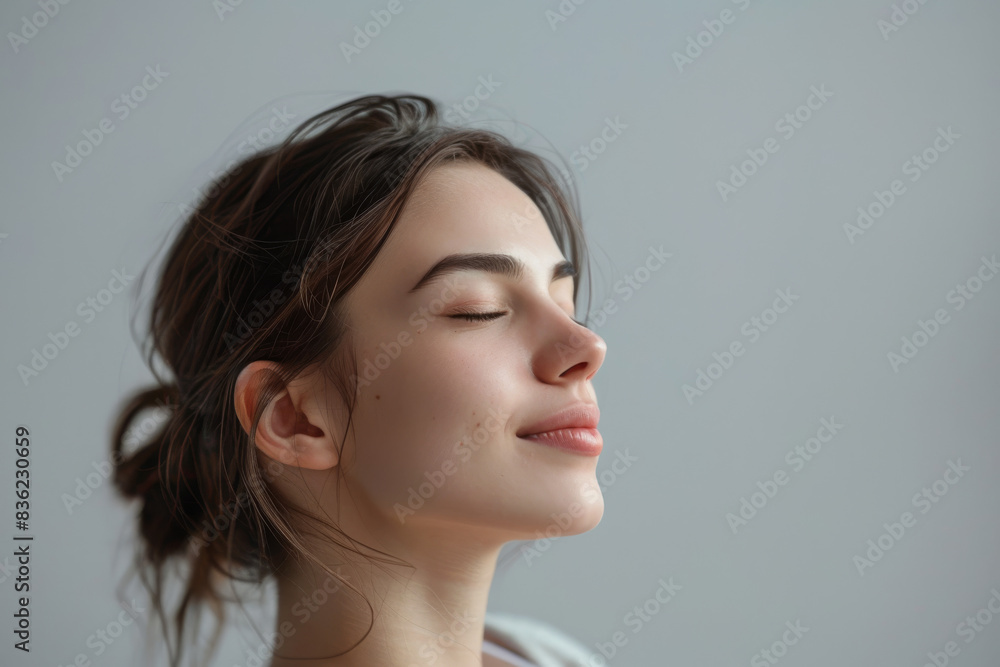A close up of a woman's face with her eyes closed looking to a side A close up of a woman's face with her eyes closed looking to a side