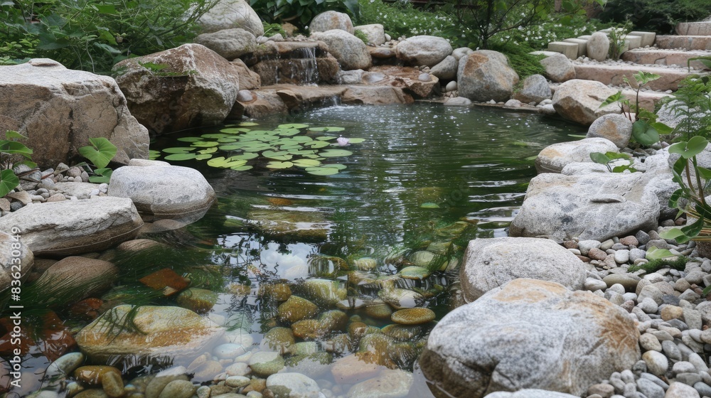 Artificial pond adorned with stone embellishments Artificial pond adorned with stone embellishments