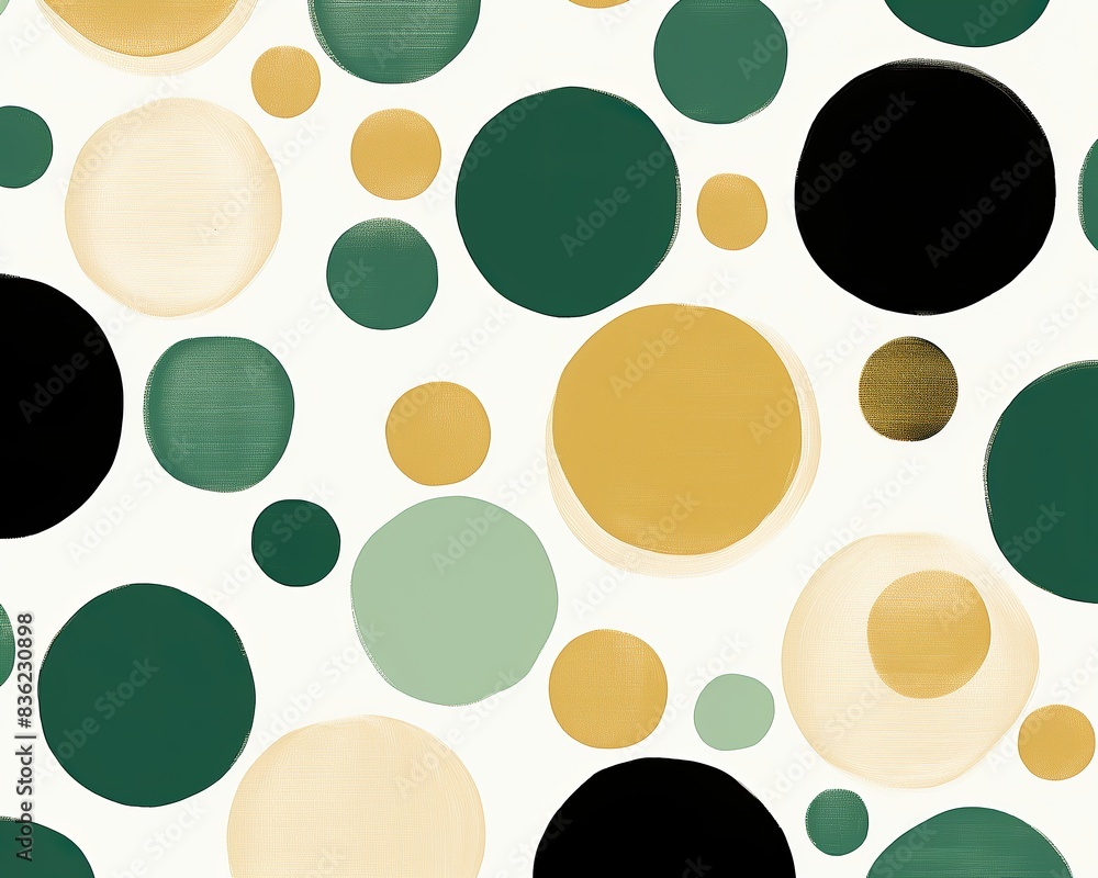 Abstract seamless pattern with green, black, and yellow circles on a white background. Abstract seamless pattern with green, black, and yellow circles on a white background.