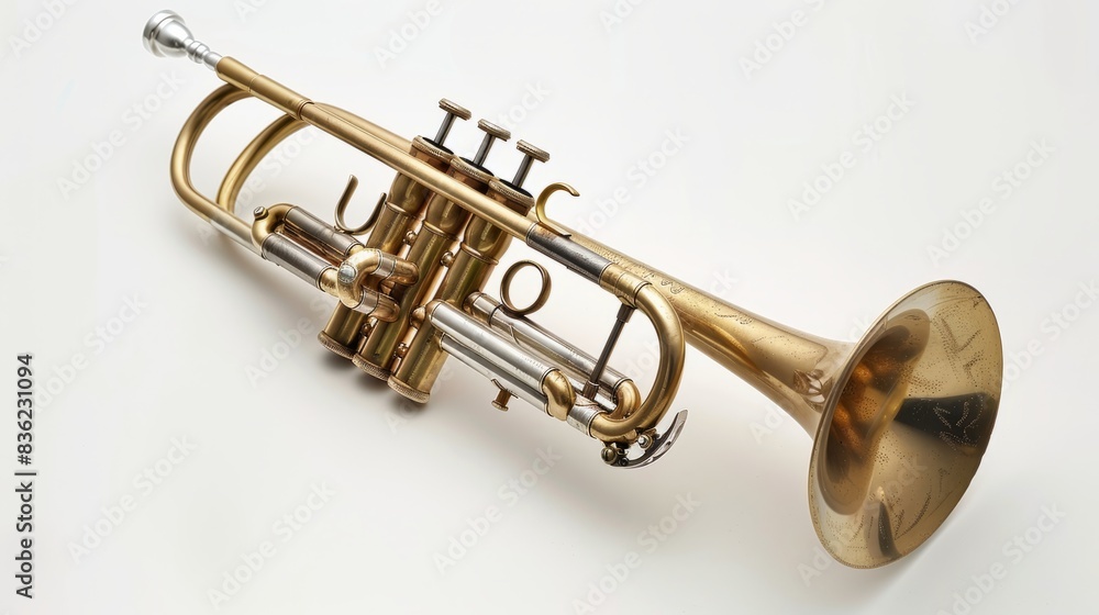 Obraz premium Golden trumpet on white. A shiny golden trumpet lays on its side on a white background, ready to make music.