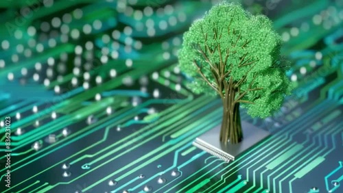 Green technology merges with IT ethics on a treeinspired computer circuit board. Concept Technology, Green Technology, IT Ethics, Tree-Inspired, Computer Circuit Board photo