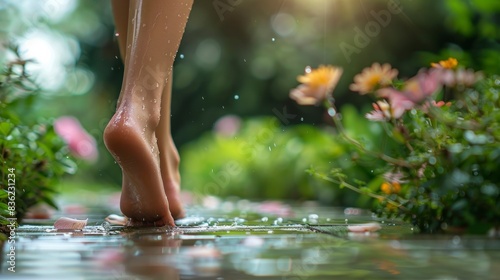 closeup bare feet of a teenage girl in a garden with water drops from rain