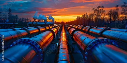 Oil and gas pipeline undergoing refining process for transportation of fuel. Concept Oil and Gas Pipeline, Refining Process, Transportation, Fuel Industry photo